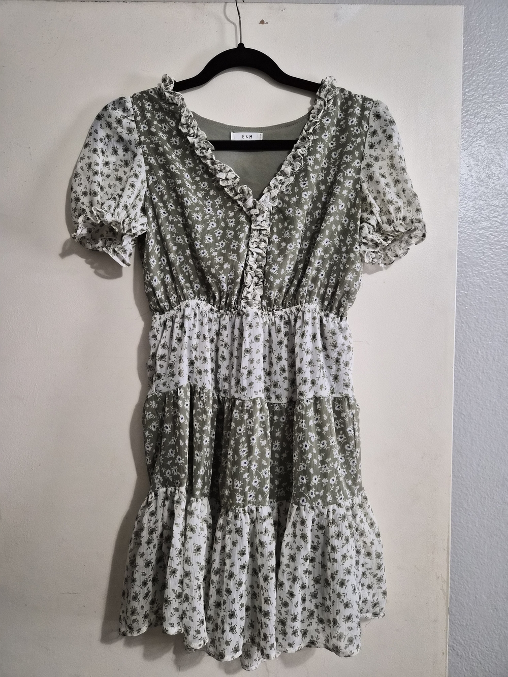 Floral Ruffle Tiered Dress - Sage Green & White
